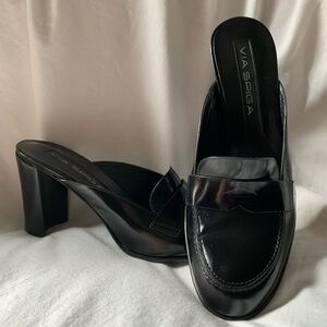 Via Spiga black patent leather loafer style heeled mules